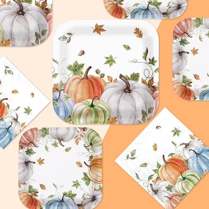 Grencian 200Pcs Fall Plates and Napkins Square Autumn Pumpkin Plates Thanksgiving Paper Platter Tableware Sets for Thanksgiving Harvest Party Decorations, Serves 50-Ruum Studio Home