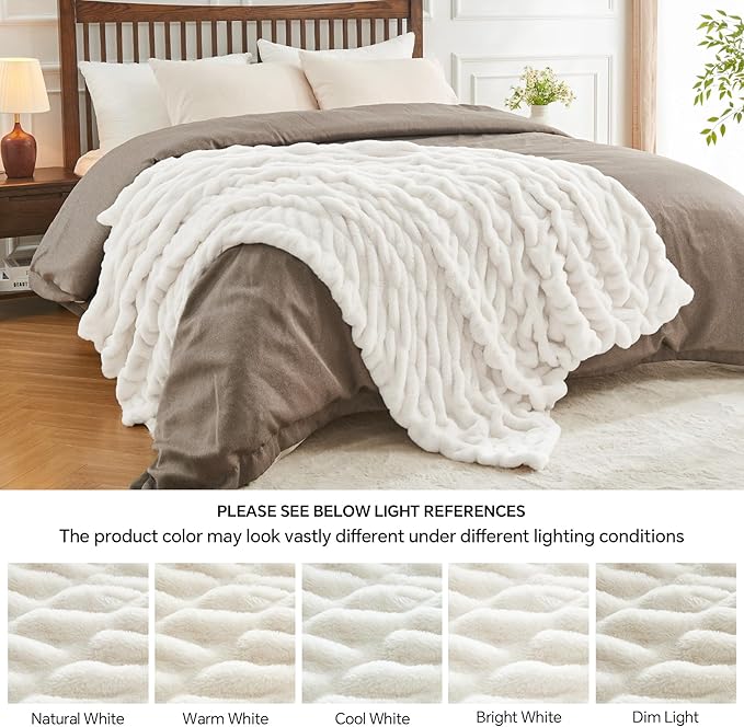 BEDELITE Faux Fur Throw Blanket for Couch, Soft and Cozy Boho Ruched Fluffy Blanket, Warm Plush Fuzzy Faux Rabbit Fur Blanket for Women Gift (Cream, 50"x 60")-Ruum Studio Home