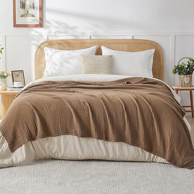 EMME Cotton Muslin Throw Blanket Couch Breathable Gauze Blanket Soft Lightweight Blankets Adults (Brown, 50"x60")-Ruum Studio Home