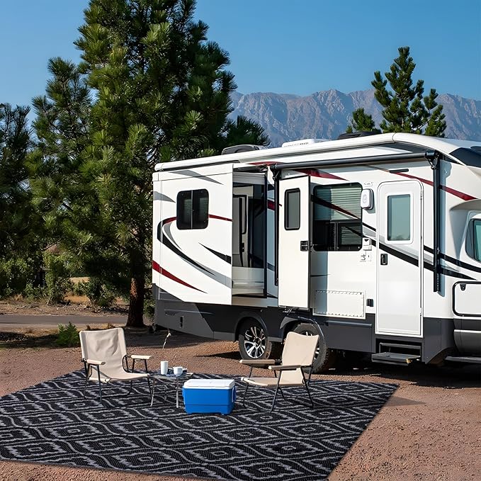 OLANLY Outdoor Rug 5x8 ft Waterproof, Outdoor Plastic Straw Rug with Geometric Pattern Clearance, Reversible RV Mat for Patio, Camping, Balcony, Deck, Backyard, Black & Grey-Ruum Studio Home