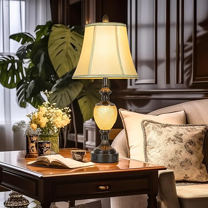 27'' High Vintage Table Lamp Set of 2 for Living Room Farmhouse Bedside Lamp with Fabric Shades Boho Nightstand Lamp with USB and Nightlight for Bedroom Home Office Hotel Bar (Bulb Included)-Ruum Studio Home