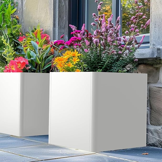 White Steel Square Planter 24" L x 24" W x 25" H,Cube Heavy Duty Flower Pot for Outdoor Plants with Drainage Holes,Metal Planter Box for Indoor and Outdoor All-Weather Use-Ruum Studio Home