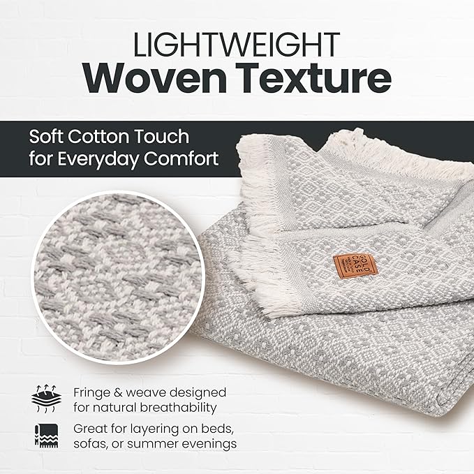 Gold Case Throw Blanket for Couch – 100% Recycled Turkish Cotton Blankets & Throws – Elegant Decorative Throw Blankets for Living Room Sofa – Woven Throws for Couch – Retro Grey – 50x60-Ruum Studio Home