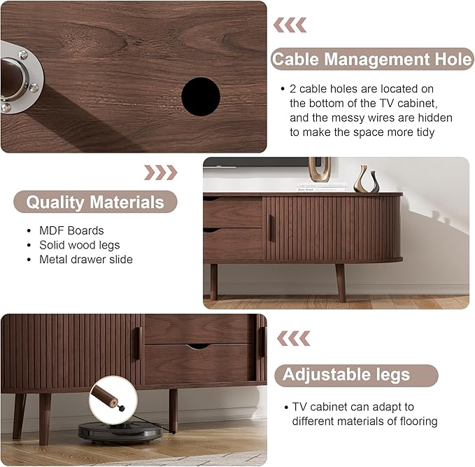 55" Mid Century TV Stand, Fluted TV Stand Fits 32" to 60" TVs. Wood Entertainment Center for Living Room, Farmhouse Modern TV and Media Console Table with Storage, Curved Edge and Sliding Door, Walnut-Ruum Studio Home
