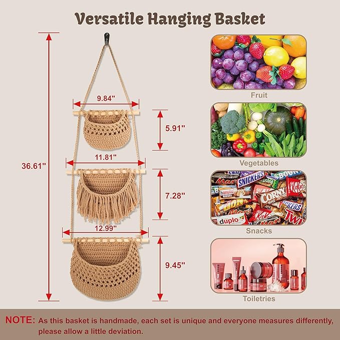 3 Tier Hanging Fruit Basket for Kitchen, Handmade Woven Cotton Hanging Wall Basket for Fruit Vegetable with 6 Hooks, Boho Style Over The Door Organizer for Living Bathroom Bedroom-Ruum Studio Home
