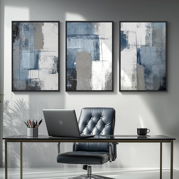 Large Framed Navy Blue and Grey Abstract Wall Art for Living Room, 3 Piece Modern Canvas Prints Paintings Artwork for Walls, Minimalist Abstract Pictures Wall Decor for Hallway Office Bedroom 24x36 In-Ruum Studio Home