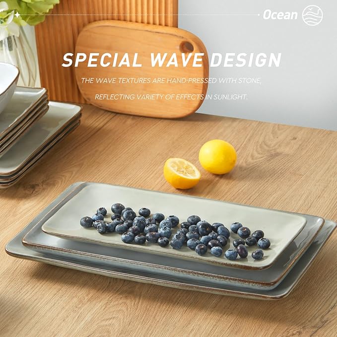 famiware Serving Platter, Rectangular 15.67/14.1/12.6inch Serving Dishes for Entertaining, Reactive Glaze, Stoneware Serving Trays for Party, Food, Turkey, Snack, Cheese, Ocean Series, Grey-Ruum Studio Home
