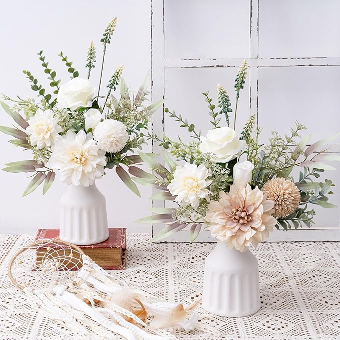 Fake Flowers in Vase, Artificial Flowers with Vase, 15.7'' Floral Arrangements for Dining Table Centerpiece Decor, Silk Roses & Faux Dahlia Bouquet for Farmfouse Kitchen Coffee Table Decor (White)-Ruum Studio Home