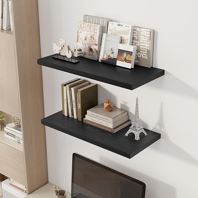 30" Floating Shelves for Wall, 12" Deep Slim Black Floating Shelves, Wall-Mounted Shelves for Bedroom, Living Room, Kitchen, Bathroom - Set of 2-Ruum Studio Home