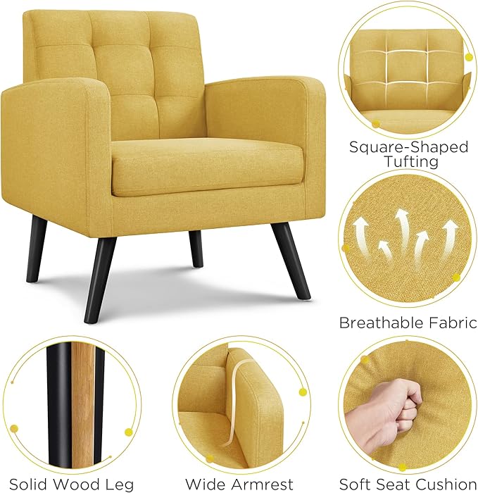 Yaheetech Mid-Century Accent Chairs, Modern Upholstered Living Room Chair, Cozy Armchair Button Tufted Back and Wood Legs for Bedroom/Office/Cafe, Yellow-Ruum Studio Home