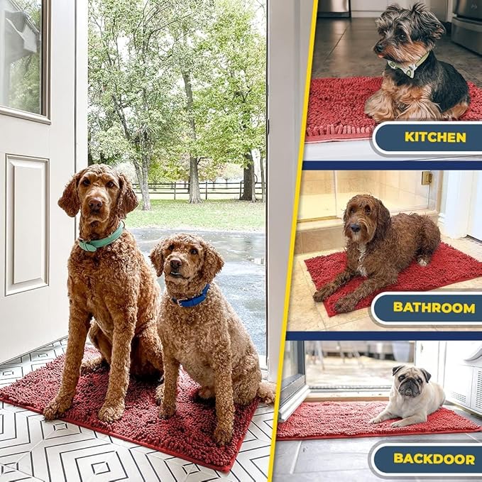 Muddy Mat® 4-Piece Red Medium 30"X19" AS-SEEN-ON-TV Highly Absorbent Microfiber Door Mat, Bath Mat and Pet Rug, Non Slip Thick Washable, Soft Chenille for Kitchen Bathroom Bedroom Indoor and Outdoor-Ruum Studio Home