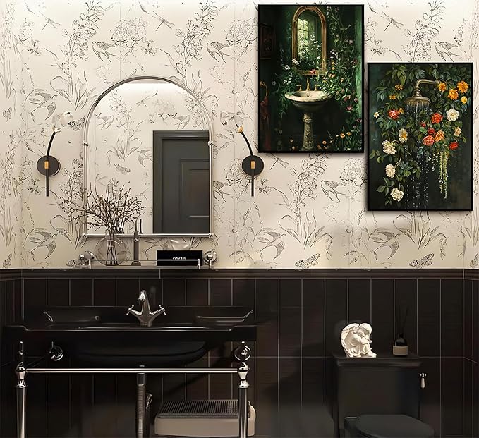 3Pcs Vintage Dark Green Bathroom Wall Art Shower Toilet Paper Roll Floral Poster Print Modern Farmhouse plants Painting Picture Wall Decor For Bathroom Living Room Decoration Unframed-Ruum Studio Home