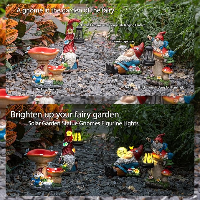 TIJNN Solar Garden Statue Gnomes Figurine Lights,Funny Gnomes Standing on Mushrooms with Lanterns, with Lanterns Outdoor Yard Decorations for Patio Porch Home, Garden Gifts for Women Mom-Ruum Studio Home