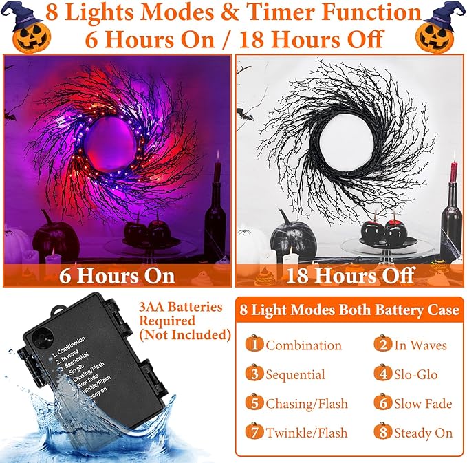 7 Ft Halloween Decorations Willow Vine Twig Garland with 8 Modes Timer 63 LED Orange Purple Lights, Halloween Garland with Waterproof Battery Operated for Wall Fireplace Decorations Indoor Outdoor-Ruum Studio Home