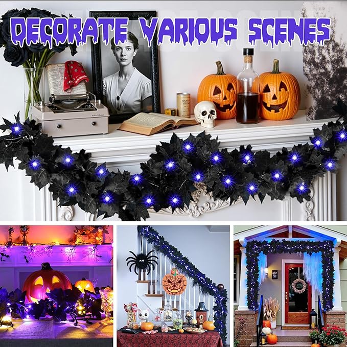 Joyhalo 2 Pack Halloween Garland with Lights, Black Maple Leaves Lighted Garland for Mantle, 5.7FT Light Up Leaf Autumn Vines Outdoor for Door Frame, Fireplace and Thanksgiving Fall Decor-Ruum Studio Home