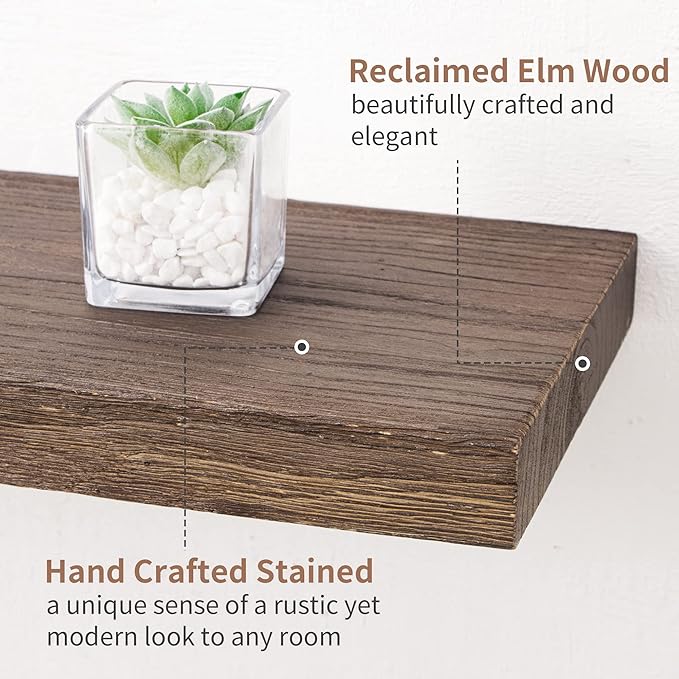 Axeman Floating Shelves for Wall, 8 Inch Deep Rustic Solid Elm Wood Wall Shelves for Storage, Wall Mounted Display Shelving with Invisible Heavy-Duty Metal Bracket, 36'' Width Set of 2, Walnut-Ruum Studio Home