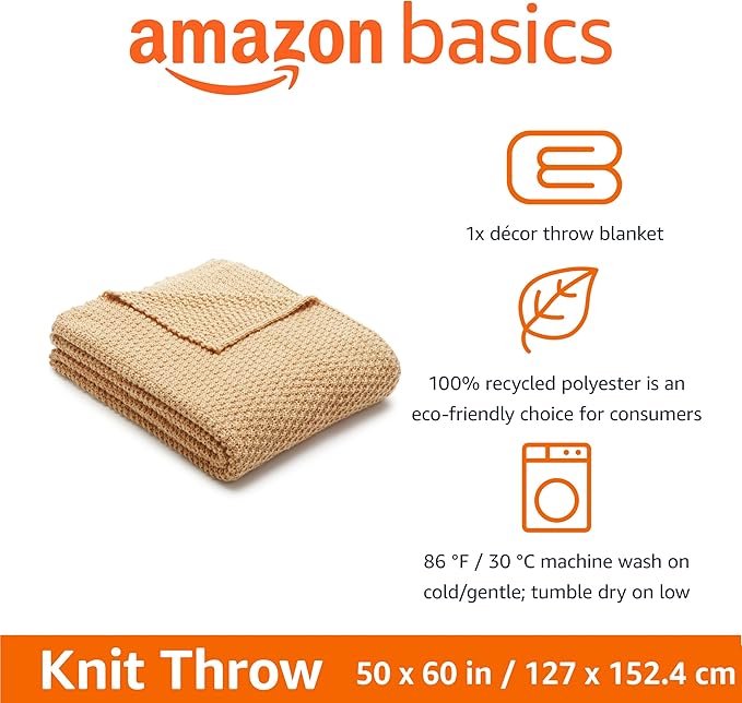 Amazon Basics Chunky Cable Knit Throw Blanket for Couch, Sofa, Bed, Lightweight Soft Cozy, Sand, 50"x 60"-Ruum Studio Home