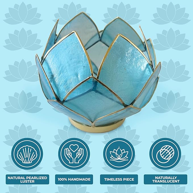 Blooming Lotus Capiz Shell Tealight Candle Holder, Handcrafted Decorative Tea Light Candleholder with Translucent Flower Petals for Ambient Illumination and Natural Elegance, Aquamarine-Ruum Studio Home