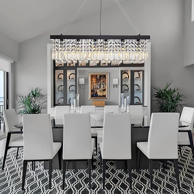 Rectangle K9 Crystal Chandelier,Rectangular Contemporary Pendant Light Fixture,Black Modern Crystal Chandeliers for Dining Room Kitchen Island L31.5''xW10''xH10''-Ruum Studio Home