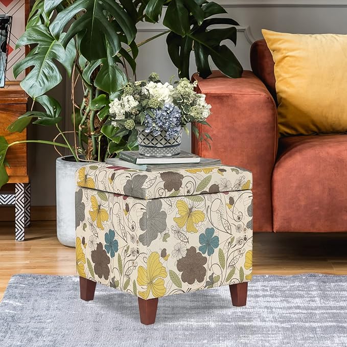Adeco 18 Inch High Cube Ottoman Storage, Floral Printed Linen Chair Foot Stools, Upholstered Vanity Stool with Hinged Lid, Solid Wood Legs-Ruum Studio Home