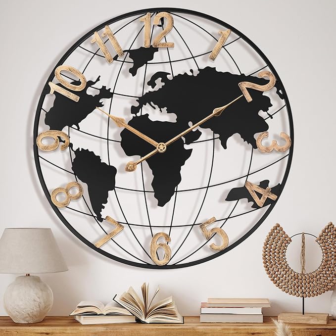 20 Inch Large Wall Clock for Living Room Decor,Big Modern Decorative Silent Metal World Map Wall Clock with Vintage Gold Arabic Numeral for Office,Living Room,Kitchen,Dining Room-Ruum Studio Home