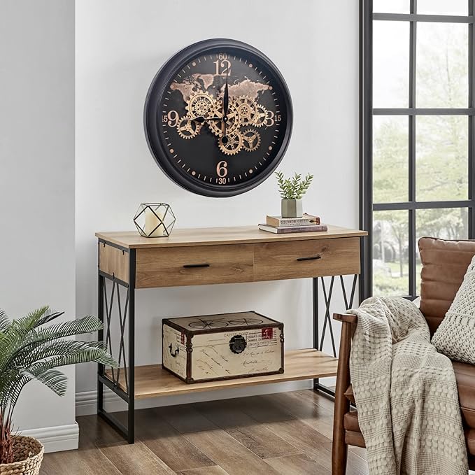 CLXEAST 24 Inch Moving Gear Wall Clock with World Map Pattern,Large Black Gold Metal Wall Clock for Modern Farmhouse Living Room Decor,Reloj De Pared para Sala-Ruum Studio Home