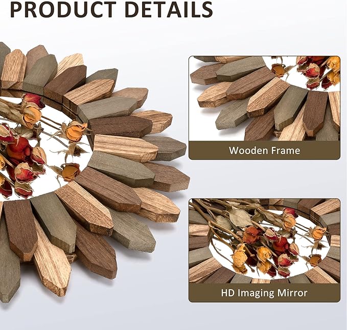 Honiway Boho Wall Decor Mirror 2 Pack 12 inch Rustic Wood Decorative Mirror for Room Decor Rustic Farmhouse Wall Decor for Bedroom Bathroom Living Room Entryway Tril Color-Ruum Studio Home