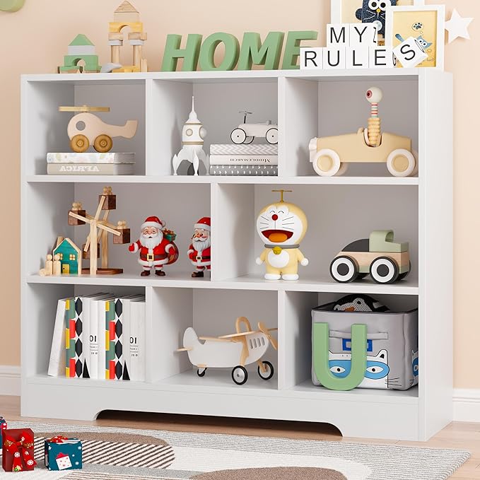 Book Shelf, 8 Cubes Storage Organizer, 3-Tier Open Shelf Wooden Bookcase, Freestanding White Bookshelf Cube Shelf for Bedroom, Living Room-Ruum Studio Home