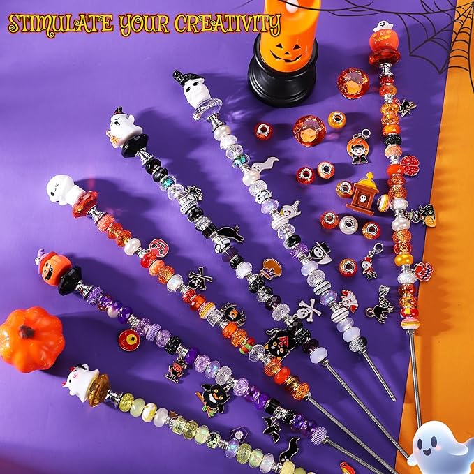 358PCS Halloween Beaded Garden Stakes, DIY Halloween Fairy Wand Garden Stake Decorative Kit with 12 in or 10 in Threaded Rod, Crystal Top, Large Holes Bead, Pendant for Outdoor or Indoor Decoration-Ruum Studio Home