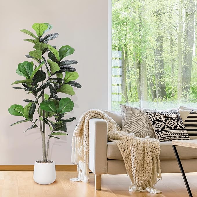 Artificial Fiddle Leaf Tree, 5ft Faux Plant Fake Ficus Lyrata Silk Trees with White Planter, Artificial Fig Trees Floor Plants for House Office Living Room Indoor Home Decor, Housewarming Gift-Ruum Studio Home