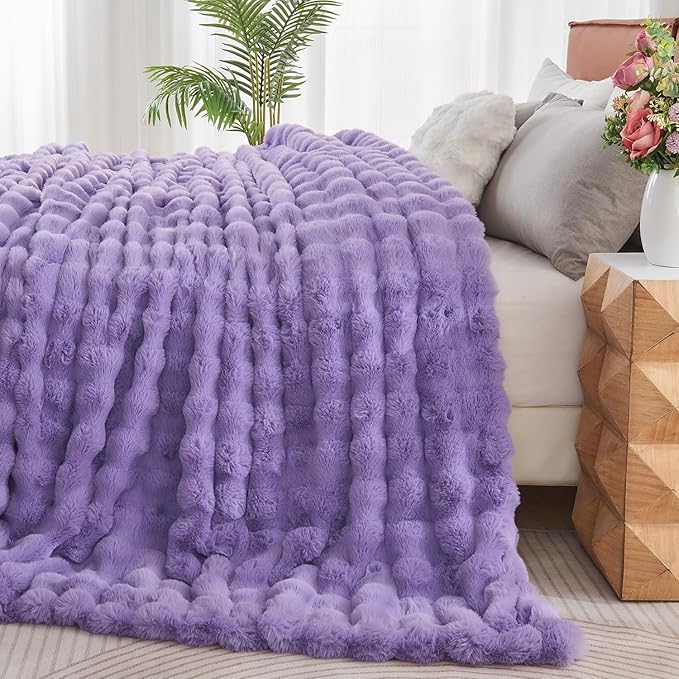 Lotus Karen Faux Fur Throw Blanket Purple - Big Bubble Rabbit Fluff Blanket for Couch Bed Sofa,Softest Fluffy Fuzzy Cozy Blanket,Thick Furry Plush Shaggy Warm Blankets for Women,90x90 Inches-Ruum Studio Home