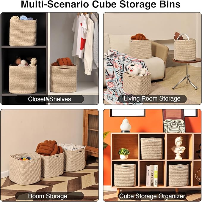 11 Inch Cube Storage Bins, Storage Cube Organizer Bins, Woven Cotton Rope Baskets for Storage, Storage Basket for Organizing Shelves, Square Baskets for Toys Nursery, Brown (Pack of 3)-Ruum Studio Home
