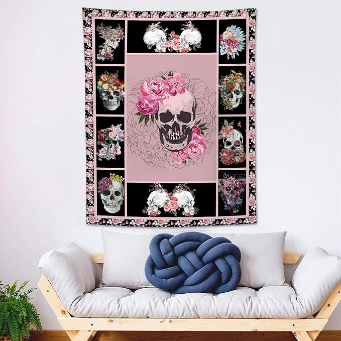 yowecso Sugar Skull Tapestry Horror Skeleton Tapestry Wall Hanging for Bedroom Rose Skull Tapestries Aesthetic Wall Decor for Home Dorm Living Room 50"x60"-Ruum Studio Home