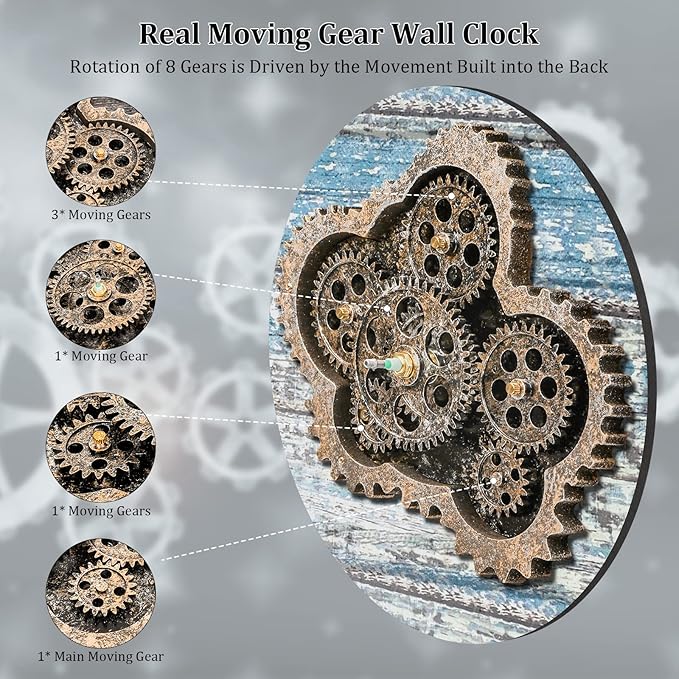 HOIBAI Large Wall Clock, Wall Clocks for Living Room Decor 20 Inch Farmhouse Vintage Rustic Kitchen Wall Decor Vintage Roman Oversized Wall Clock for Home Bedroom House Office, Moving Gears Clock-Ruum Studio Home
