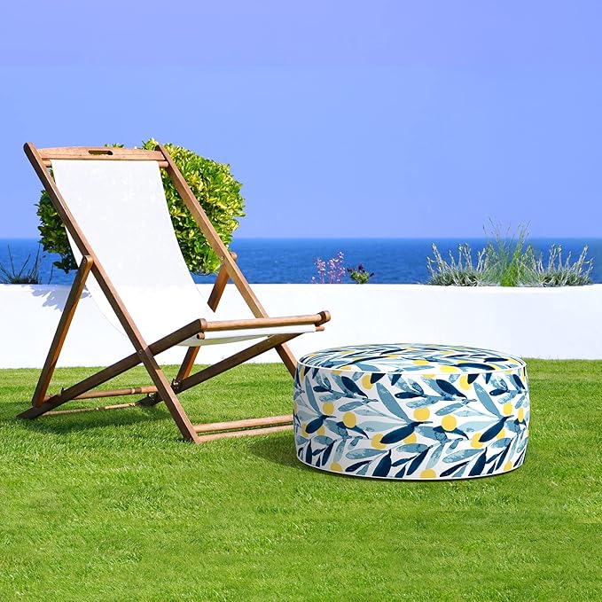 LVTXIII Outdoor/Indoor Inflatable Stool Ottoman, All Weather Patio Footrest Pouf, Portable Round Ottoman for Patio Garden, Camping or Home, D21xH9 Inches, Blue Leaves-Ruum Studio Home