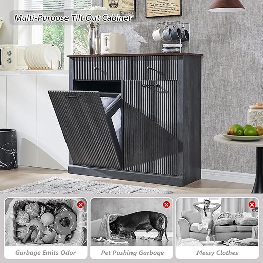 Modern Double Tilt-Out Trash Cabinet, 20 Gallon Fluted Laundry Hamper Cabinet with 2 Drawers, Wooden Hidden Garbage Can Cabinet with Storage Basket, Free Standing for Kitchen & Living Room, Grey-Ruum Studio Home
