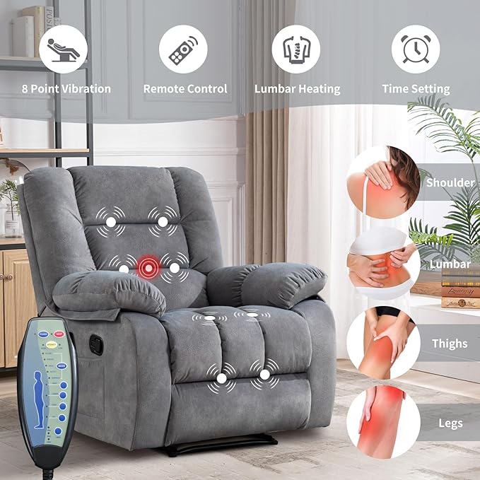 Massage Recliner Chair with Heat and Massage, Soft Fabric Ergonomic Manual Reclining Chairs, Heavy Duty Reclining Sofa Chair with Side Pockets for Living Room (Light Grey)-Ruum Studio Home