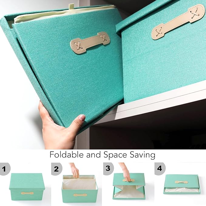 Enzk&Unity Decorative Storage Bins with Lids, Fabric Linen Foldable Storage Box with Handle Home Organizer for Shelf, Closet, Bedroom, Living Room, Office, 3 Packs, Teal-Ruum Studio Home