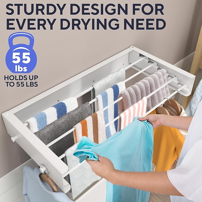 Foldable Wall Mounted Drying Rack 28 inch - Easy to Install Hanging Rack for Laundry Room - Space Saving Design with 55-lb Capacity - Perfect Drying Racks for Clothes Towels & More-Ruum Studio Home