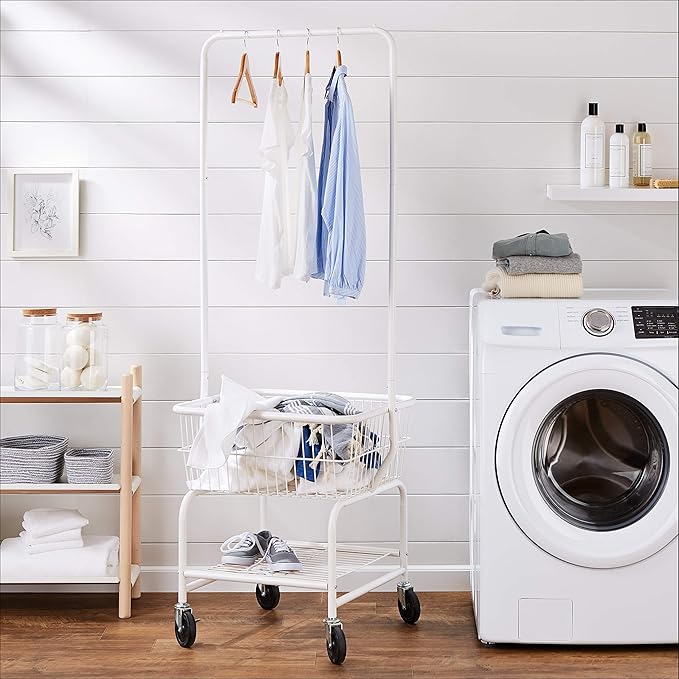 Amazon Basics Rectangular Laundry Hamper Basket Butler Cart with Wheels and Hanging Rack, White-Ruum Studio Home