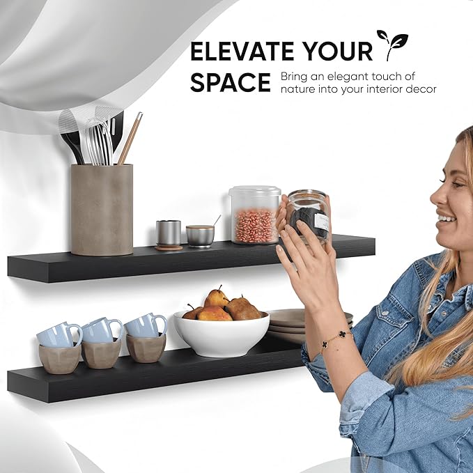 Homeforia Black Floating Shelves 36 inches Long, High End Solid Real Wood 36 inch Floating Shelf for Wall Mounted, Black Wooden 36in Floating Shelves, Heavy Duty Bracket, 36 X 6.5 X 1.75 in, Set of 2-Ruum Studio Home