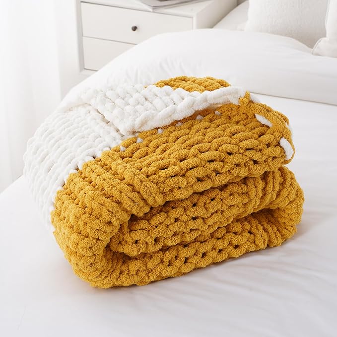 Battilo Chunky Knit Throw Blanket, Soft and Thick Chenille Throw Blanket, 50"x60" Handmade Cable Knit Crochet Blanket, Large Rope Knot Throw Blankets for Couch Sofa Bed Home Decor, Yellow & White-Ruum Studio Home