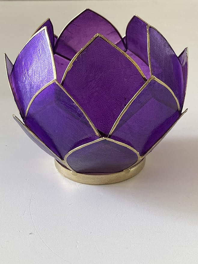 Blooming Lotus Capiz Shell Tealight Candle Holder, Handcrafted Decorative Tea Light Candleholder with Translucent Flower Petals for Ambient Illumination and Natural Elegance, Purple-Ruum Studio Home