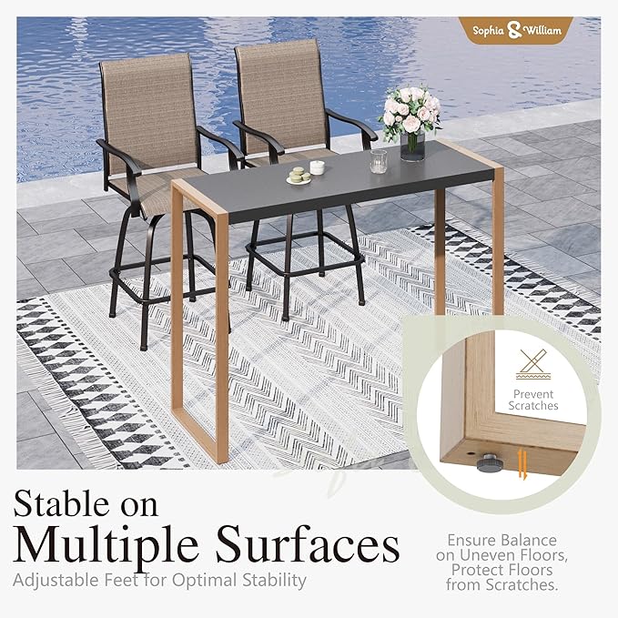 Sophia & William Outdoor Bar Set, Patio Bar Table and Chairs Set, Bar Height Patio Set - 2 x Swivel Bar Chairs(Brown), 1 x Rectangular Bar Table(Larimar Desktop)-Ruum Studio Home