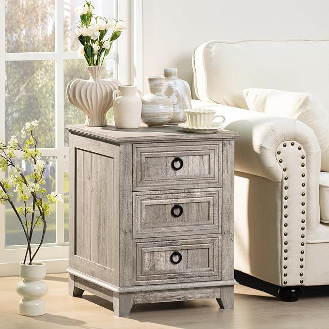 Farmhouse Night Stand Set of 2, 18" End Table with 3 Drawer Metal Handle, Dresser for Bedroom, Sofa Bed Side Table Chest of Drawers,Wood Nightstand Cabinet for Organizer, Living Room-Oak-Ruum Studio Home