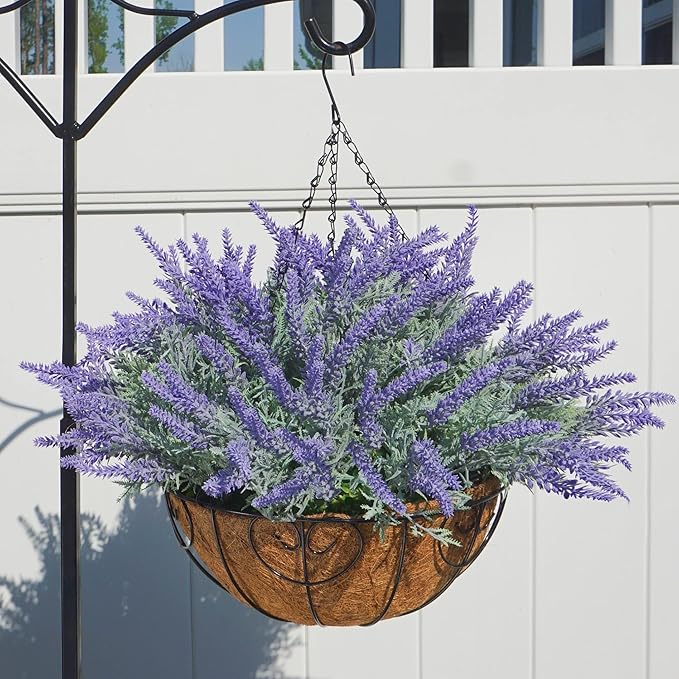Artificial Hanging Flowers with Basket Fake Summer Lavender for Outdoor Decor, 12 Bundles Faux Purple Outside Decoration Realistic UV Resistant Plants for Porch Balcony Patio Garden Yard-Ruum Studio Home