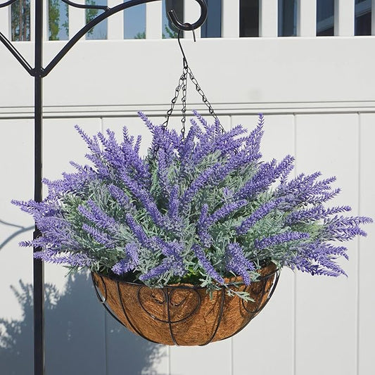 Artificial Hanging Flowers with Basket Fake Summer Lavender for Outdoor Decor, 12 Bundles Faux Purple Outside Decoration Realistic UV Resistant Plants for Porch Balcony Patio Garden Yard-Ruum Studio Home