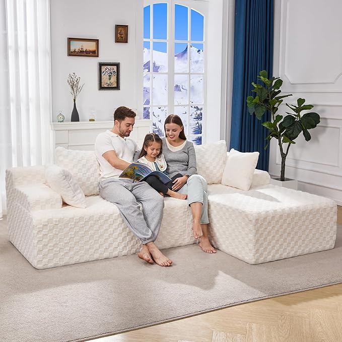 Hobestluk 96“ Modular Sectional Sofa Couches L-Shape Couch 3 Seat Modular Sofa Memory Foam Sectional Couches for Living Room, Cloud Couch with Oversized Chaise (White, Checked (Right Facing Chaise))-Ruum Studio Home