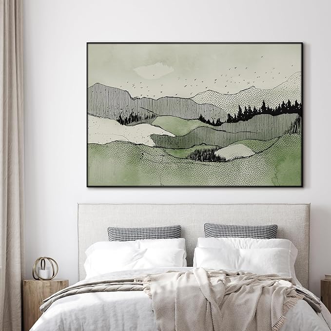 SIGNWIN 46"x72" Extra Large Framed Wall Art Green Line Art Mountain Landscape Illustration for Home Living Room Bedroom Decor (Frame Assembly Required)-Ruum Studio Home
