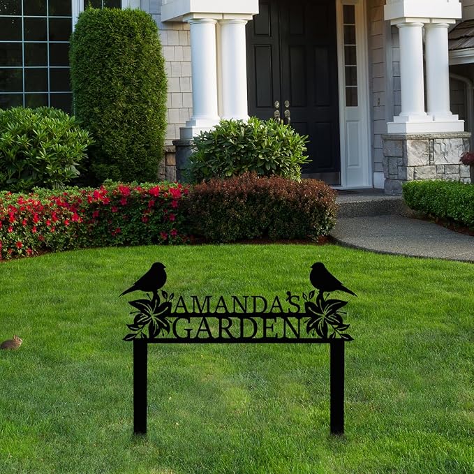Personalized Metal Garden Name Sign with Flowers and Birds, Custom Yard Sign with Stake-Ruum Studio Home